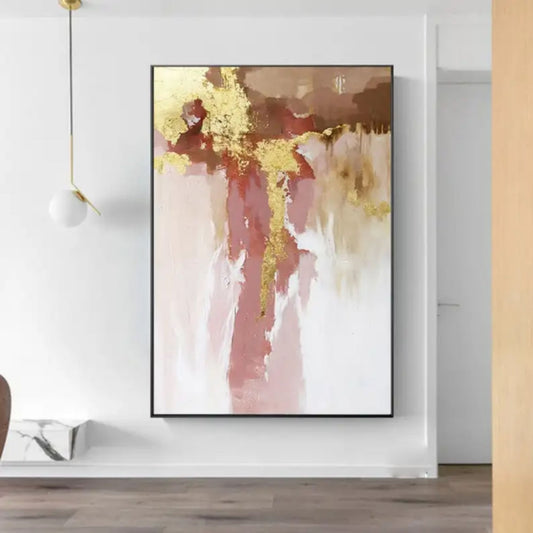 Room mockup showing vertical blush pink and cream forms with branching gold-coloured accents and brown areas across the top.