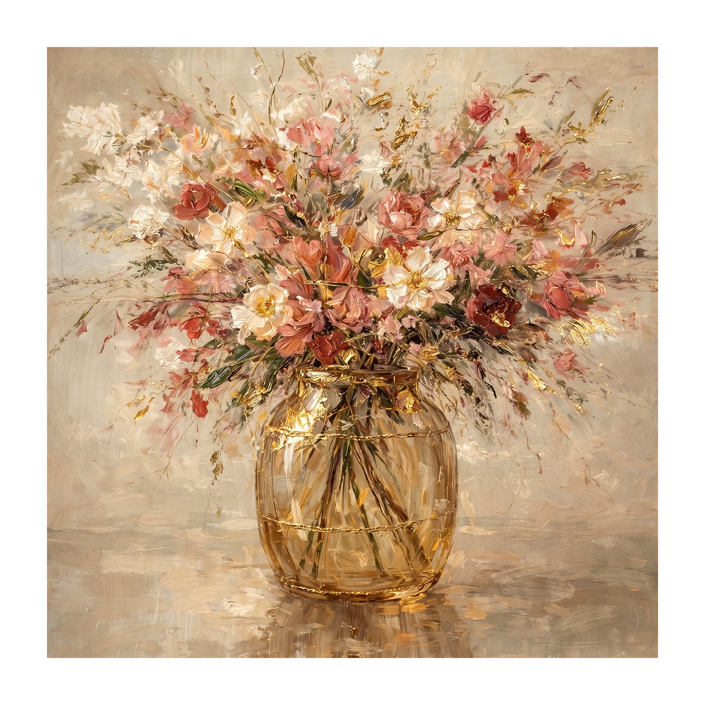 Blush Gold Floral Vase Painting Textured Luxury Wall Art