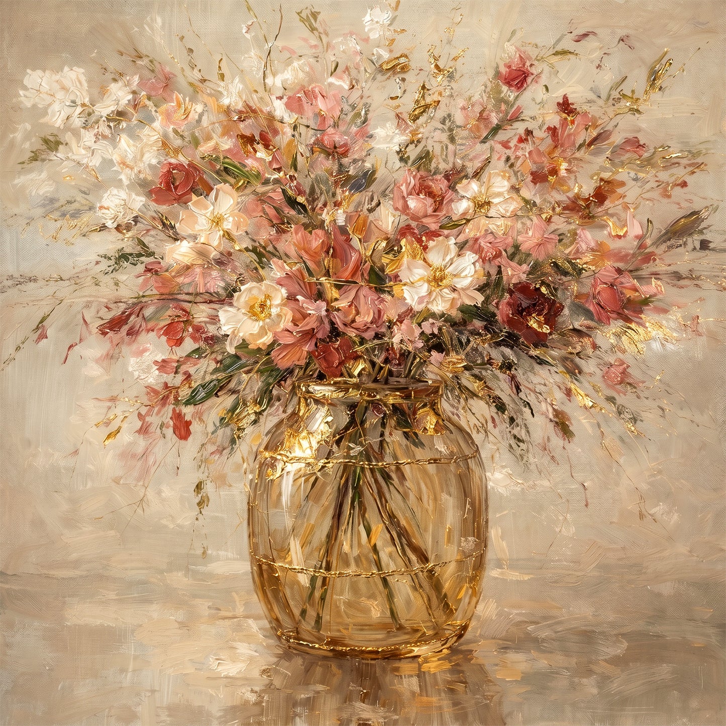 Blush Gold Floral Vase Painting Textured Luxury Wall Art