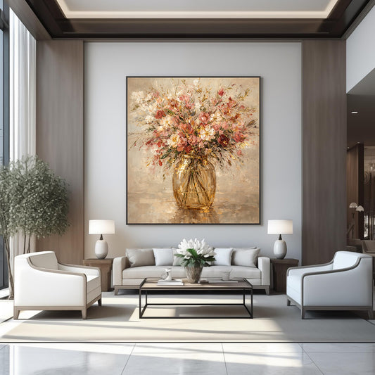 Blush Gold Floral Vase Painting Textured Luxury Wall Art