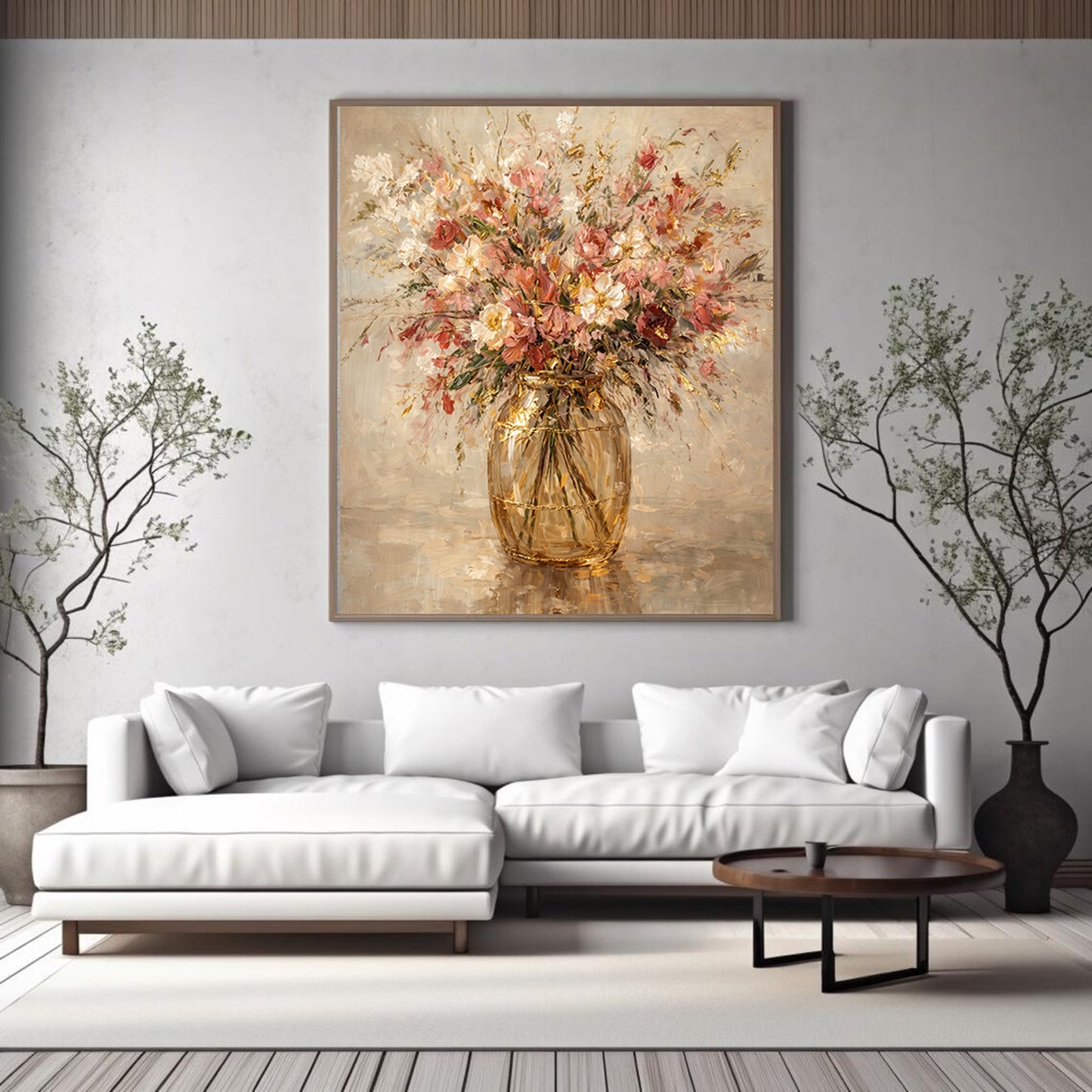 Blush Gold Floral Vase Painting Textured Luxury Wall Art