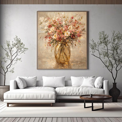 Blush Gold Floral Vase Painting Textured Luxury Wall Art