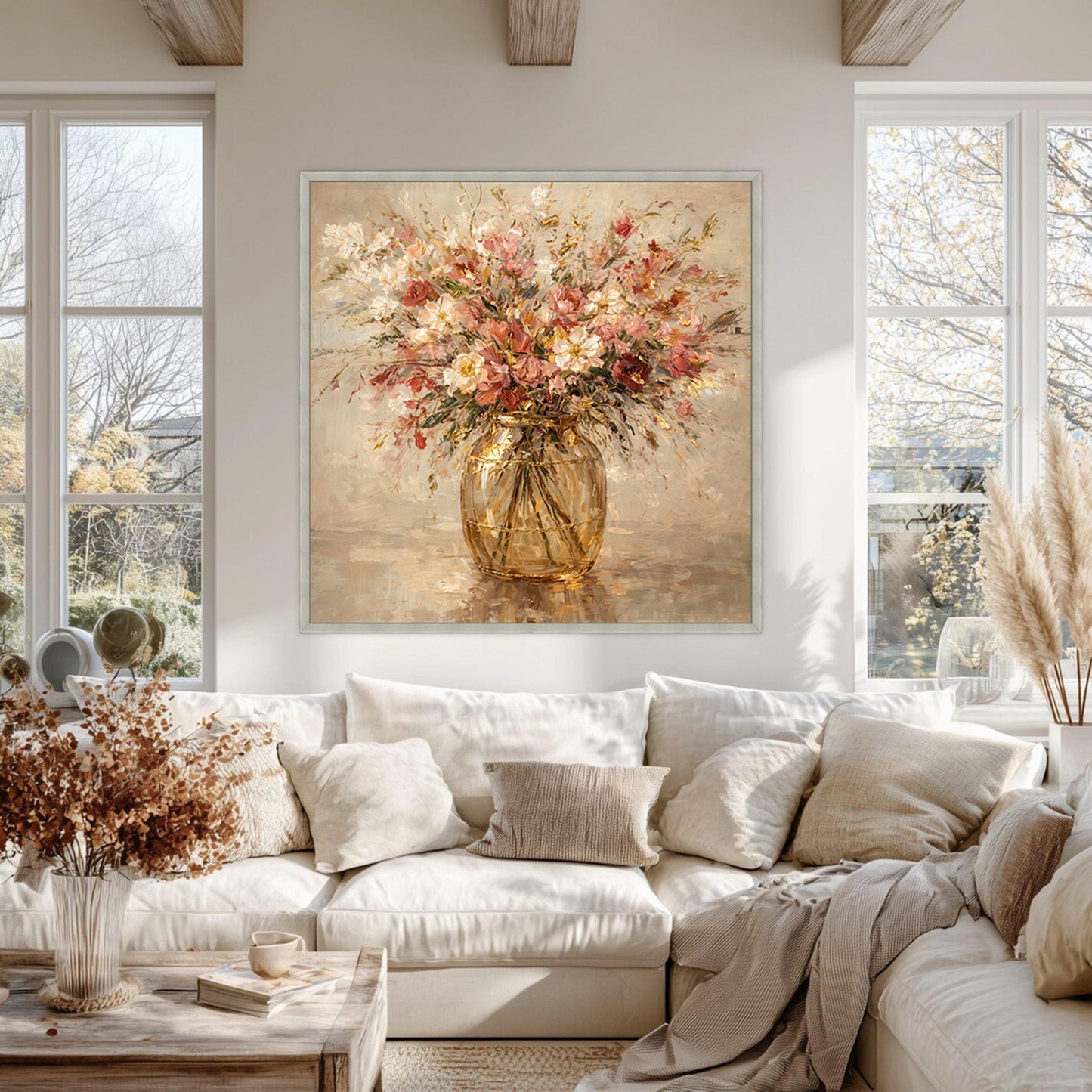 Blush Gold Floral Vase Painting Textured Luxury Wall Art