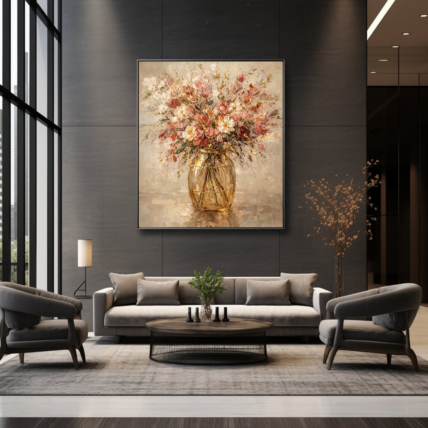 Blush Gold Floral Vase Painting Textured Luxury Wall Art