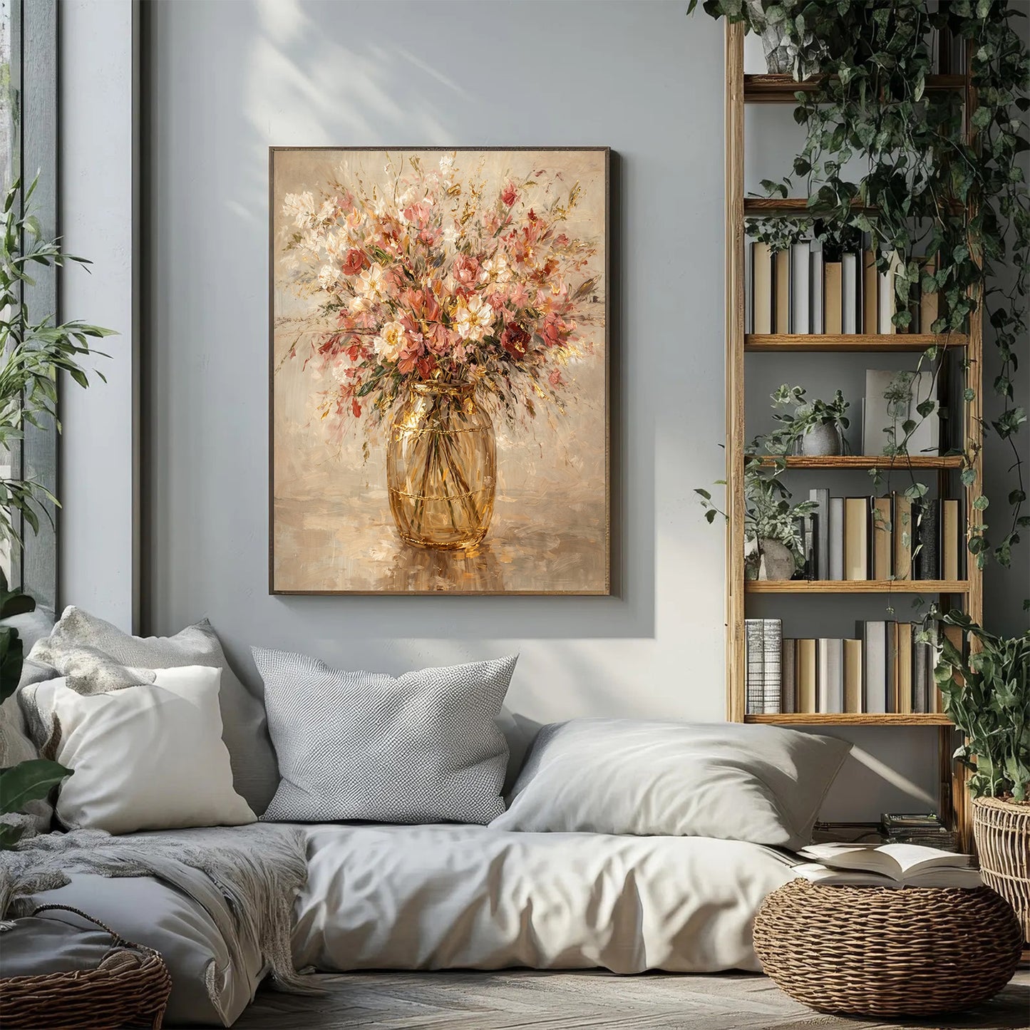 Blush Gold Floral Vase Painting Textured Luxury Wall Art