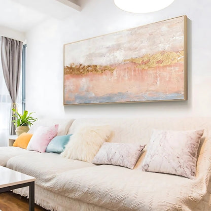 Room mockup showing soft white and blush pink textured bands divided by an irregular gold-coloured horizontal strip.