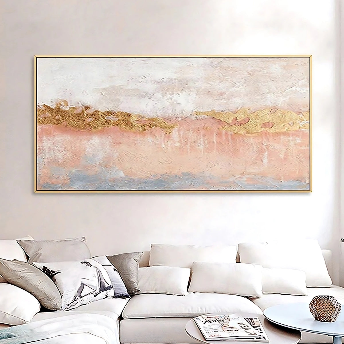 Room mockup showing soft white and blush pink textured bands divided by an irregular gold-coloured horizontal strip.