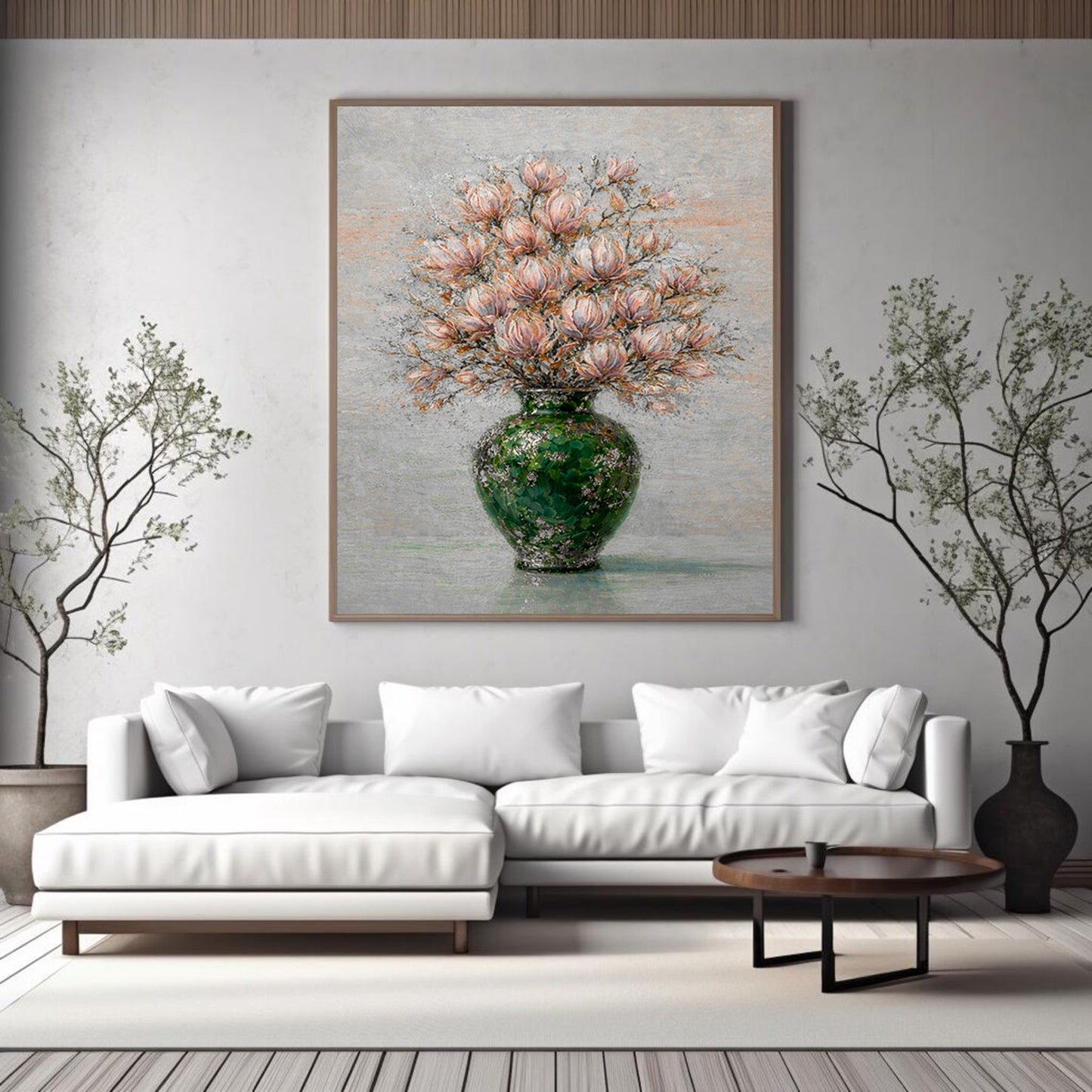 Floral Magnolia Vase Painting Green Textured Luxury Wall Art