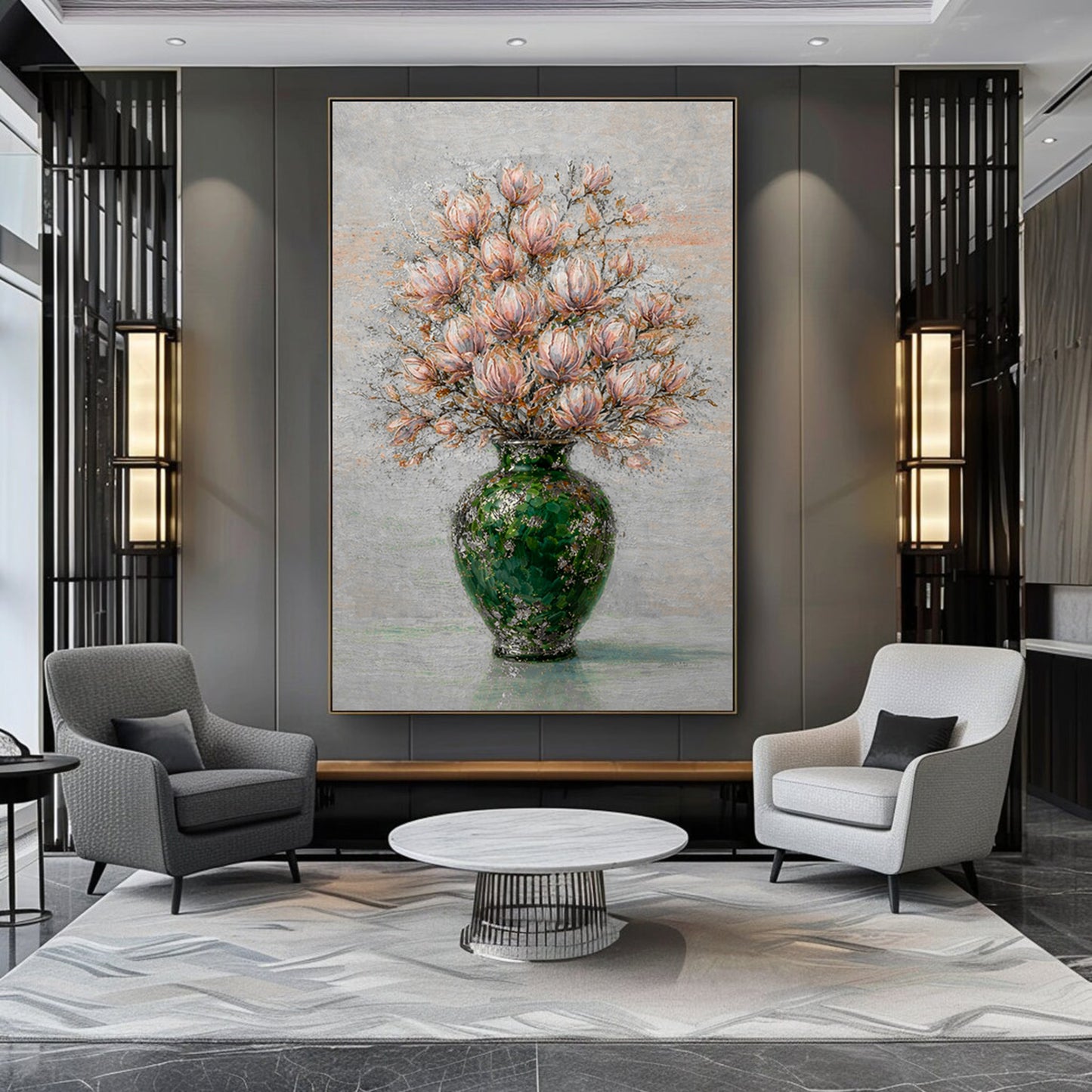 Floral Magnolia Vase Painting Green Textured Luxury Wall Art