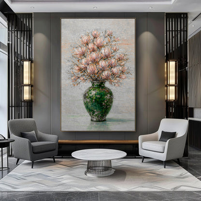 Floral Magnolia Vase Painting Green Textured Luxury Wall Art