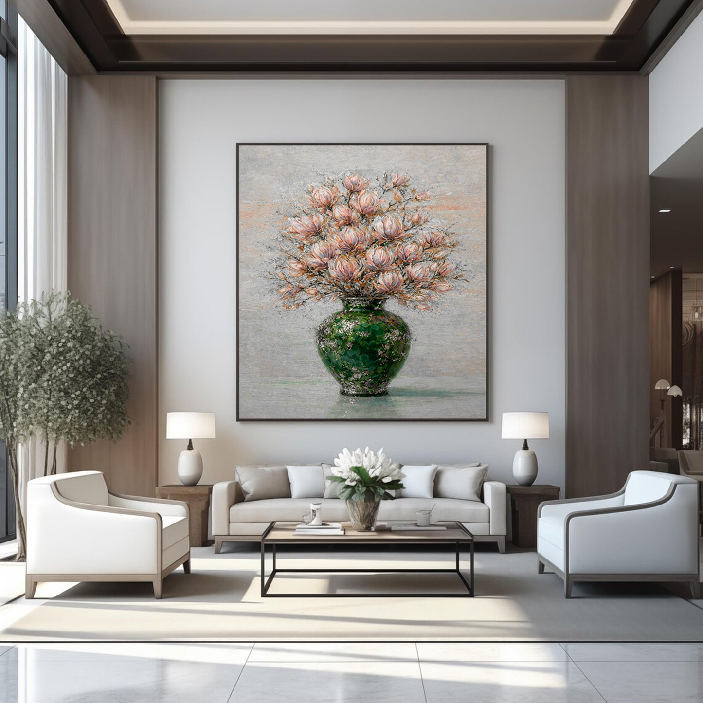 Floral Magnolia Vase Painting Green Textured Luxury Wall Art
