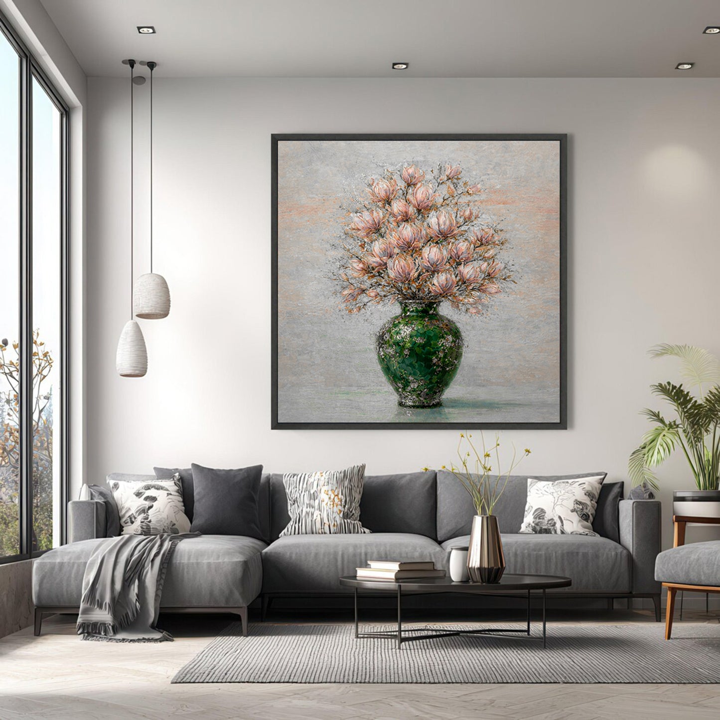 Floral Magnolia Vase Painting Green Textured Luxury Wall Art