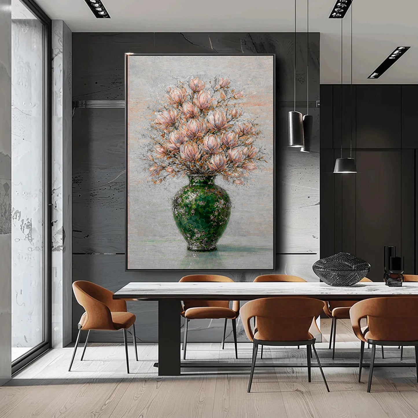 Floral Magnolia Vase Painting Green Textured Luxury Wall Art