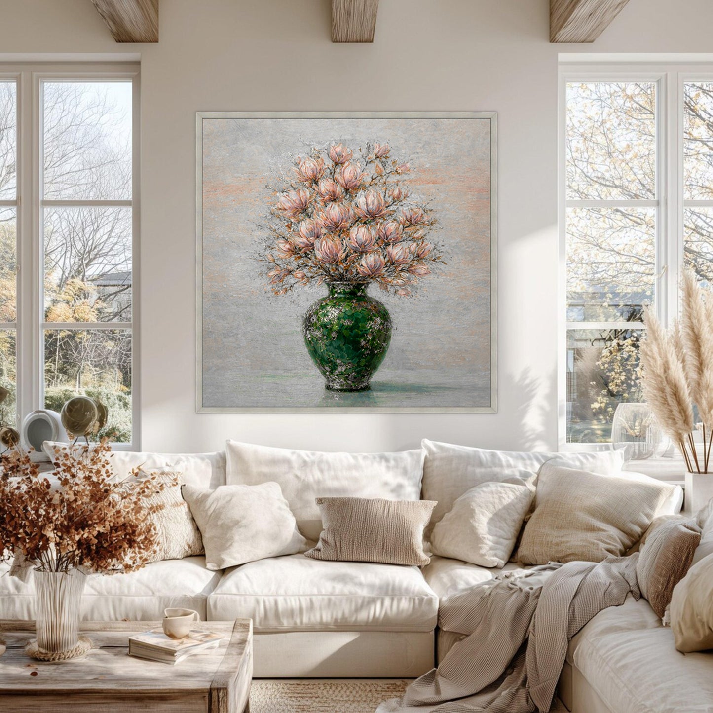 Floral Magnolia Vase Painting Green Textured Luxury Wall Art