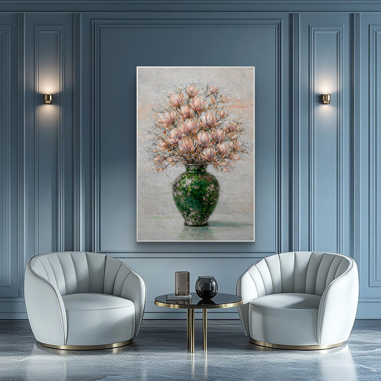 Floral Magnolia Vase Painting Green Textured Luxury Wall Art