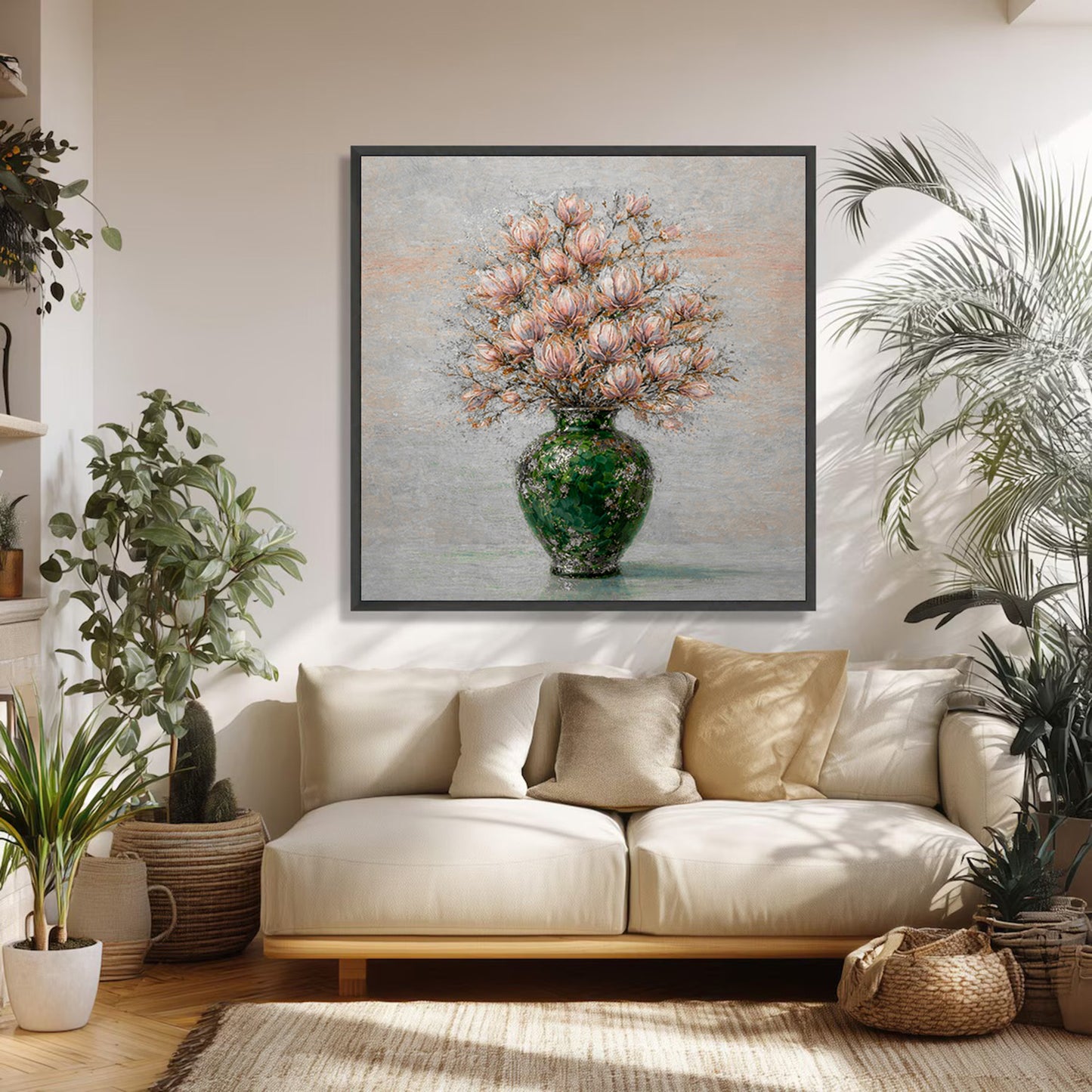 Floral Magnolia Vase Painting Green Textured Luxury Wall Art