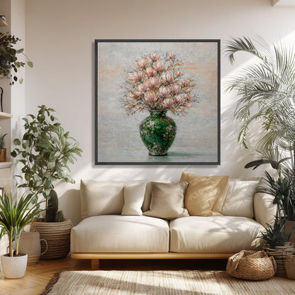 Floral Magnolia Vase Painting Green Textured Luxury Wall Art