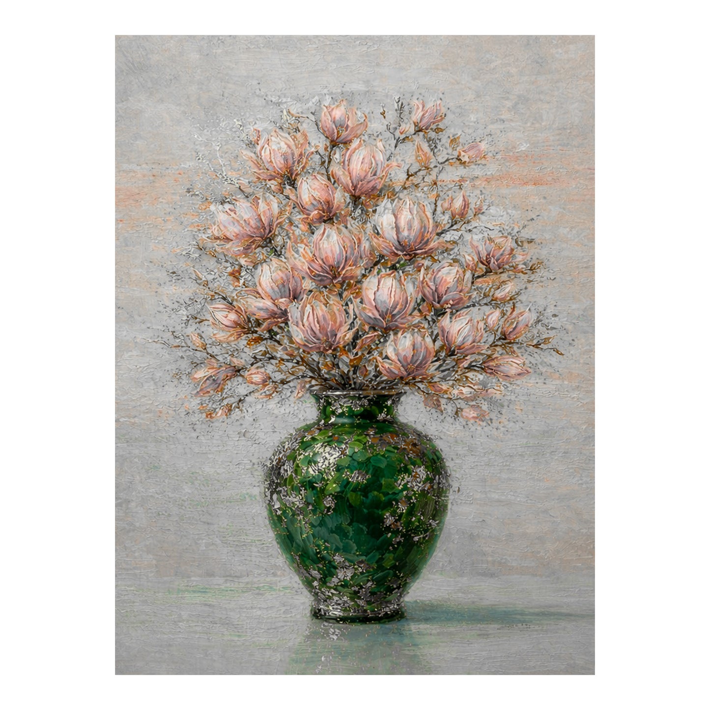 Floral Magnolia Vase Painting Green Textured Luxury Wall Art