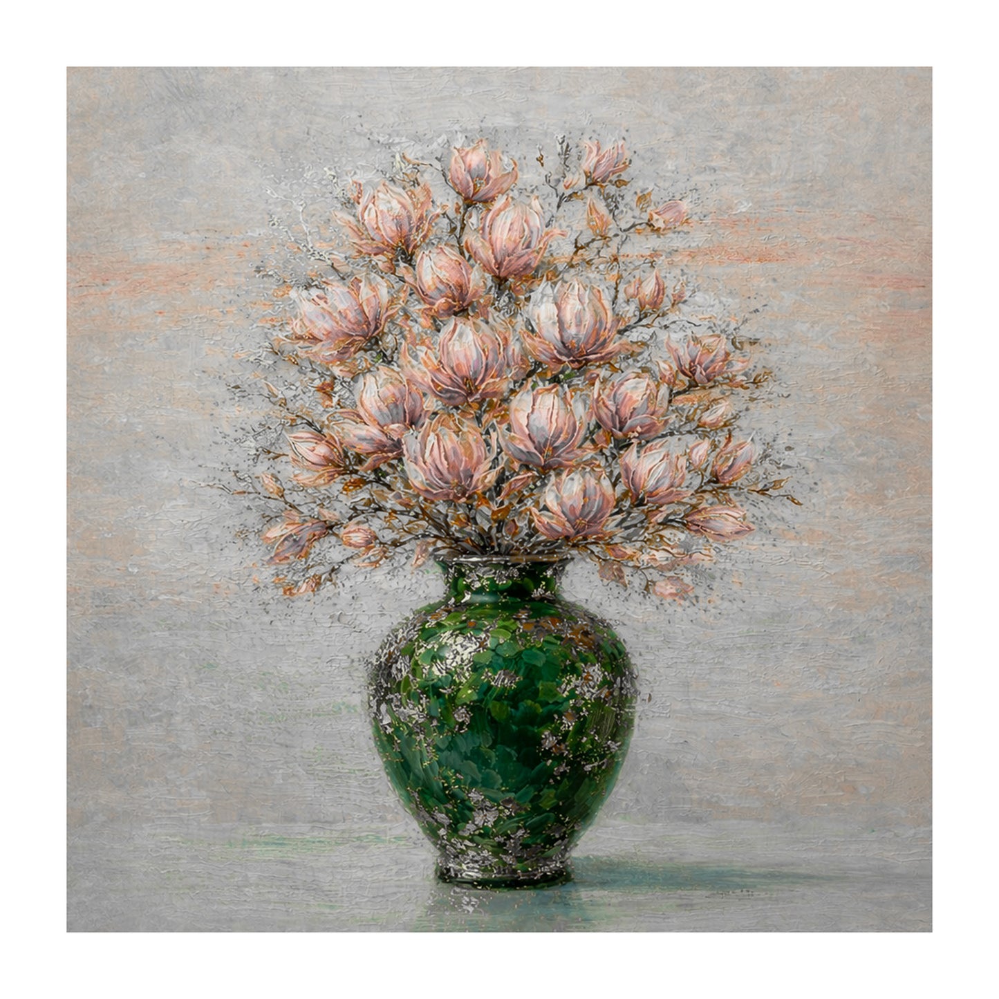 Floral Magnolia Vase Painting Green Textured Luxury Wall Art
