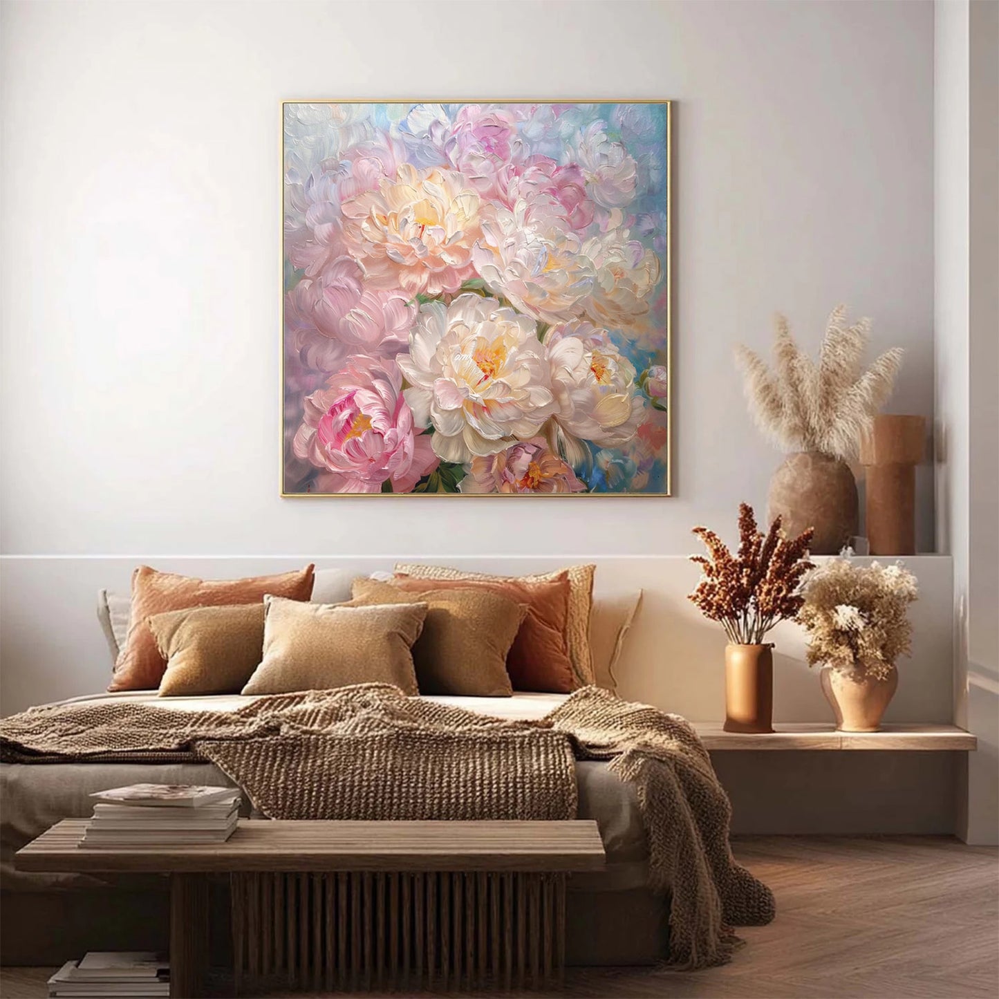Blush Peony Wall Art – Textured Impasto Canvas