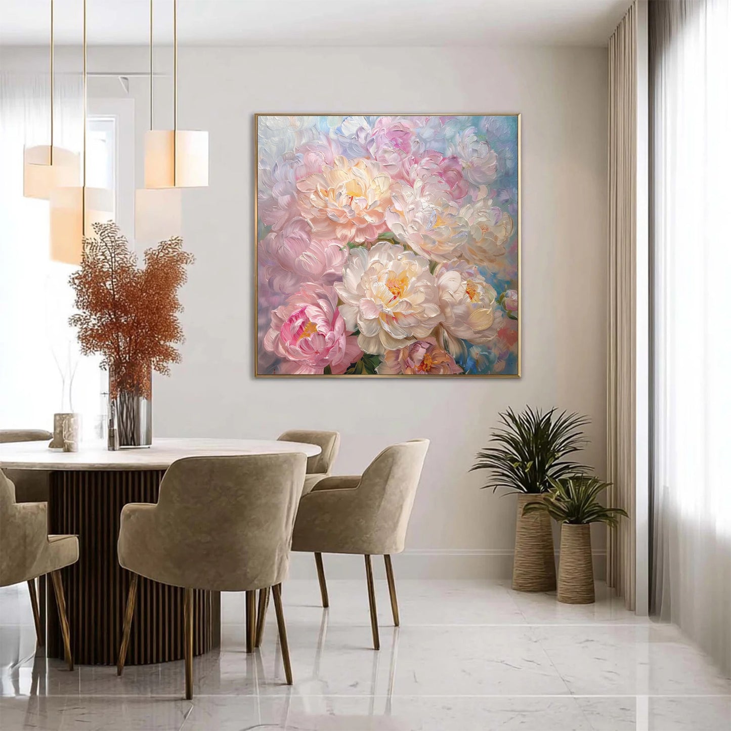 Blush Peony Wall Art – Textured Impasto Canvas