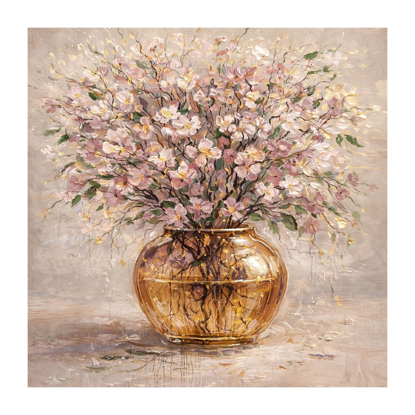 Floral Blush Pink Gold Vase Painting Textured Luxury Wall Art