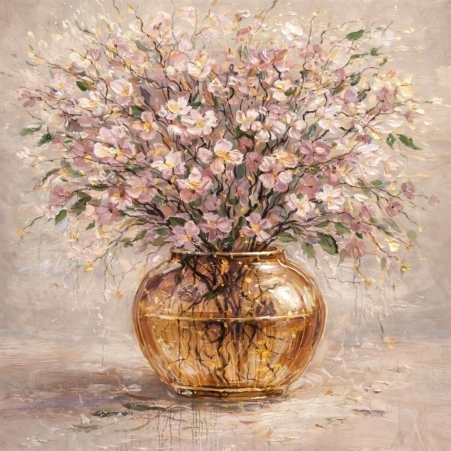 Floral Blush Pink Gold Vase Painting Textured Luxury Wall Art