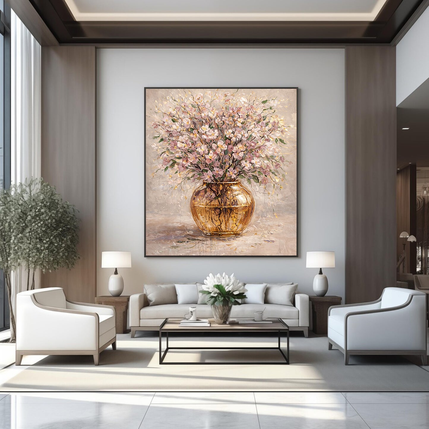 Floral Blush Pink Gold Vase Painting Textured Luxury Wall Art