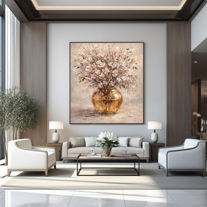 Floral Blush Pink Gold Vase Painting Textured Luxury Wall Art