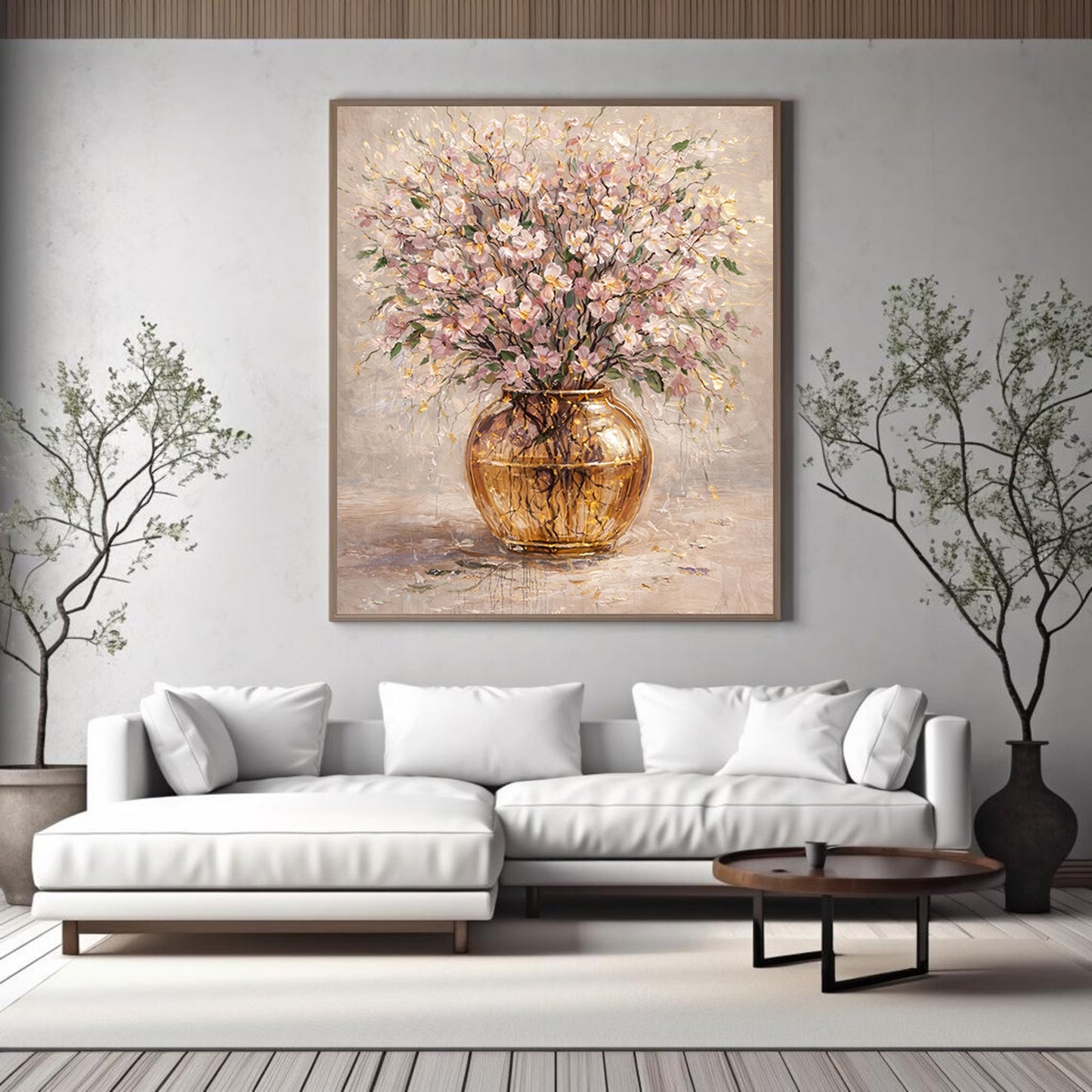 Floral Blush Pink Gold Vase Painting Textured Luxury Wall Art