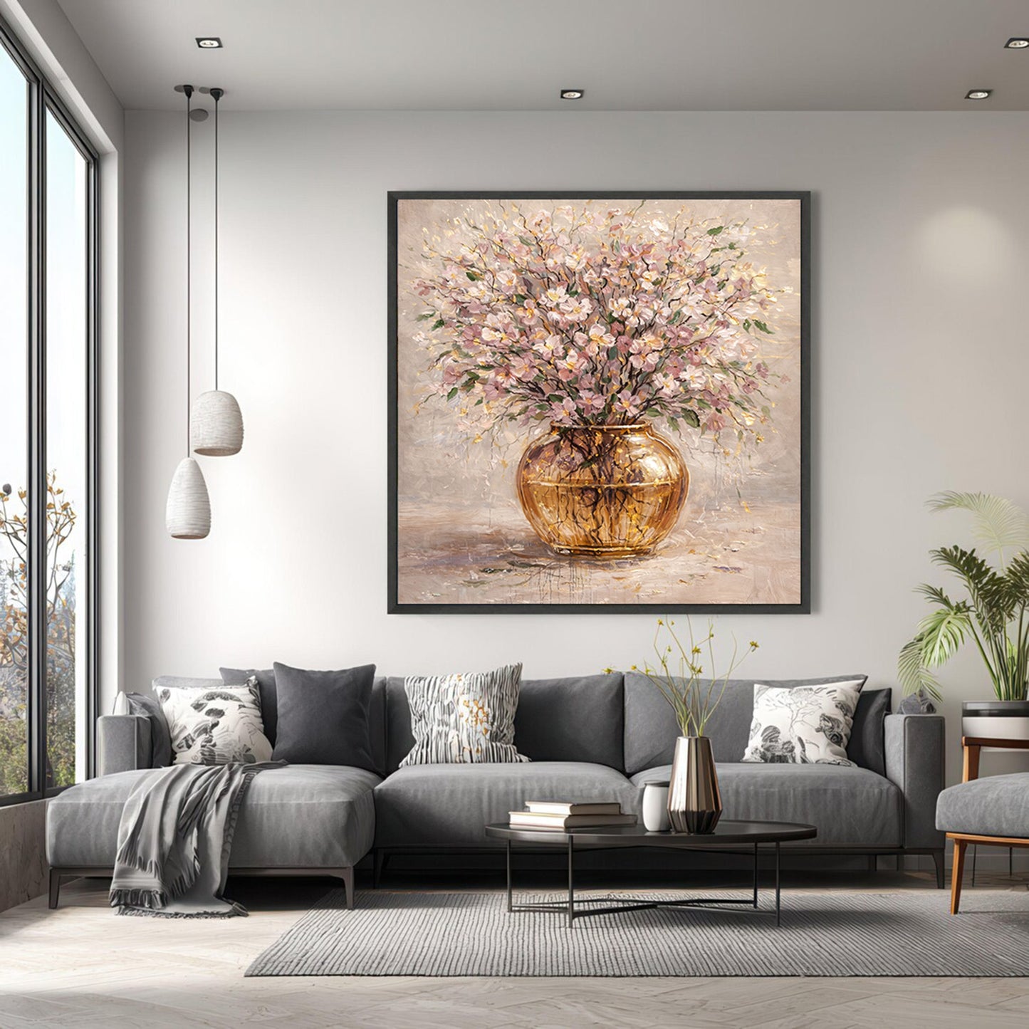 Floral Blush Pink Gold Vase Painting Textured Luxury Wall Art