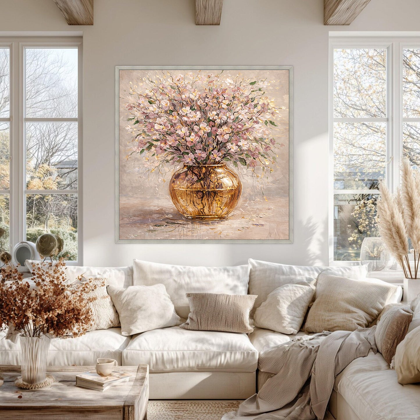 Floral Blush Pink Gold Vase Painting Textured Luxury Wall Art