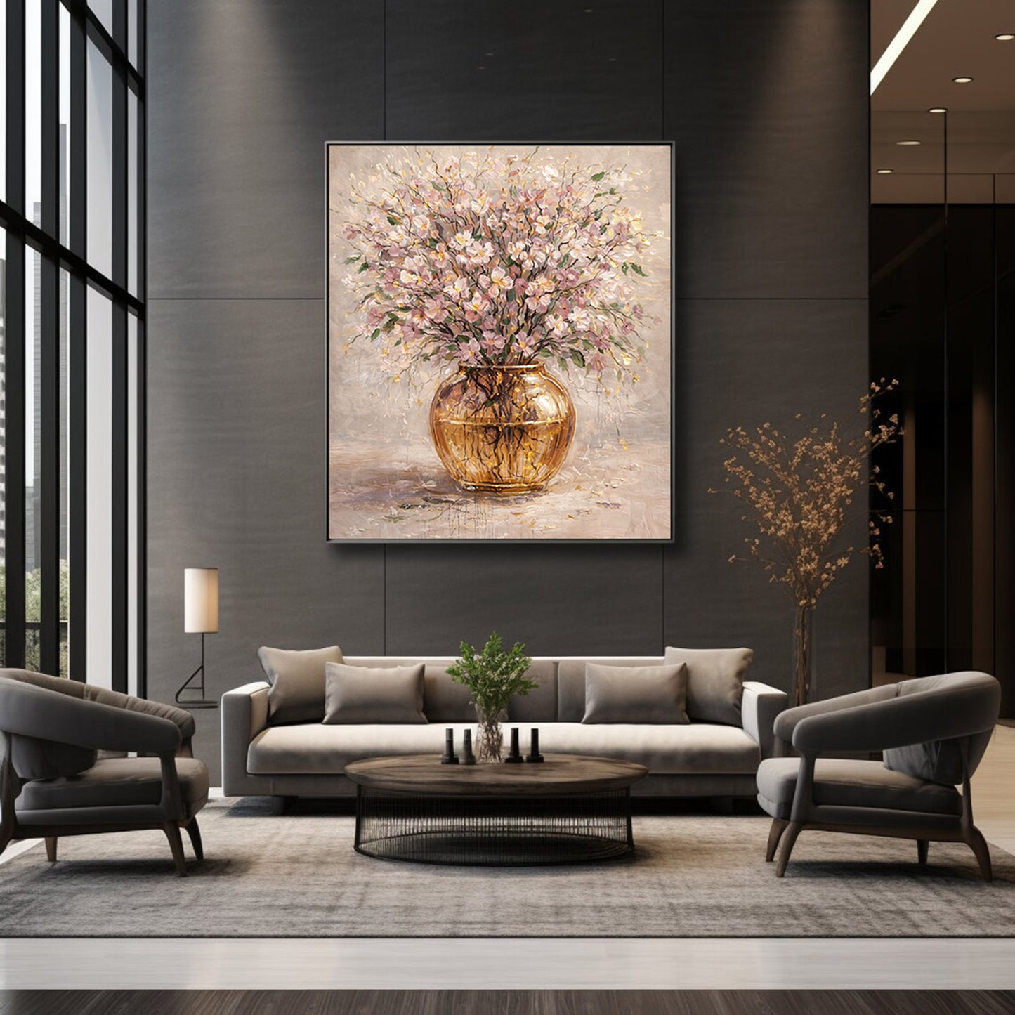 Floral Blush Pink Gold Vase Painting Textured Luxury Wall Art