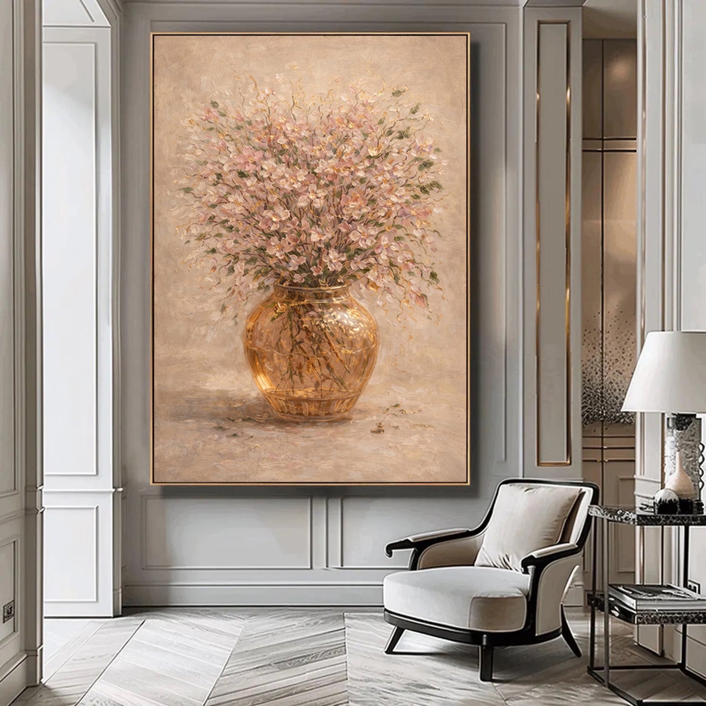 Blush Pink Floral Painting Gold Vase Textured Wall Art
