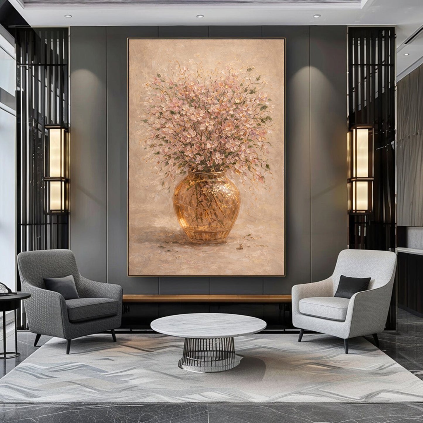 Blush Pink Floral Painting Gold Vase Textured Wall Art
