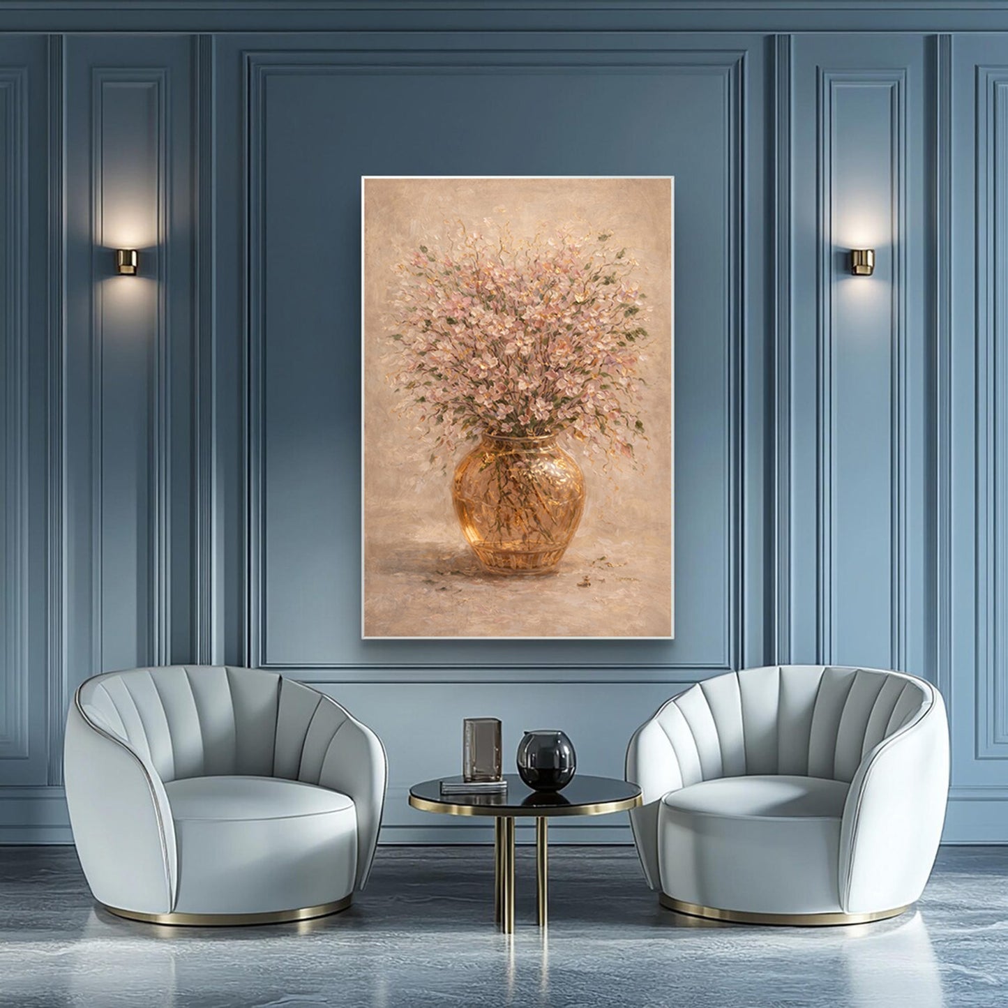 Blush Pink Floral Painting Gold Vase Textured Wall Art
