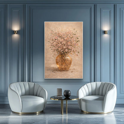 Blush Pink Floral Painting Gold Vase Textured Wall Art