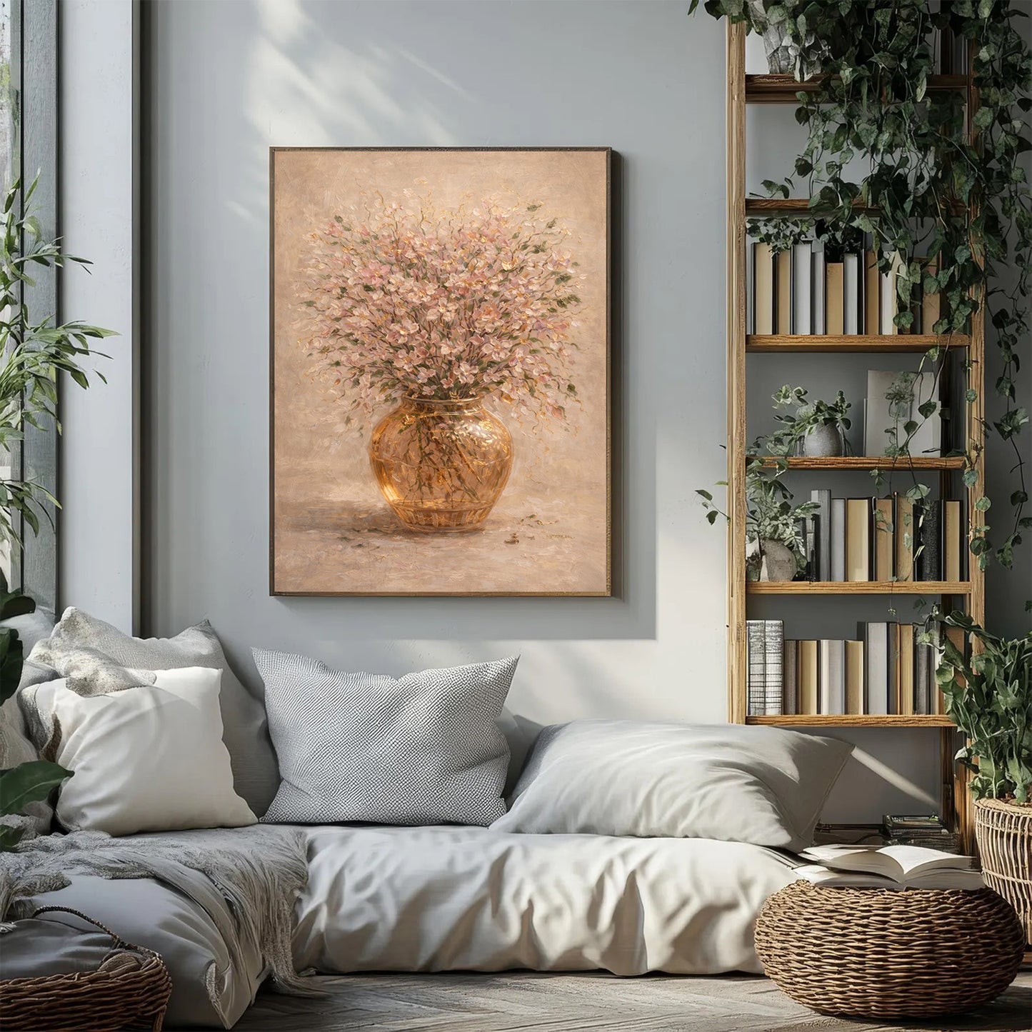 Blush Pink Floral Painting Gold Vase Textured Wall Art