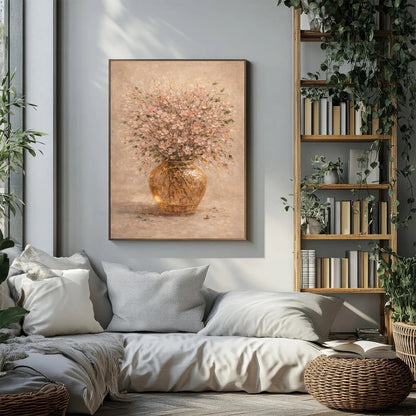 Blush Pink Floral Painting Gold Vase Textured Wall Art