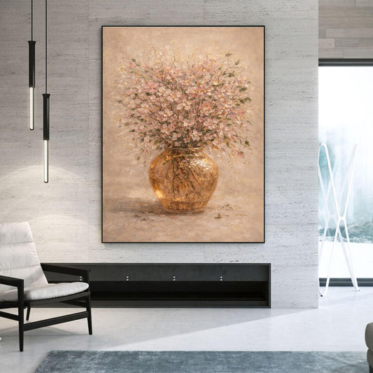 Blush Pink Floral Painting Gold Vase Textured Wall Art