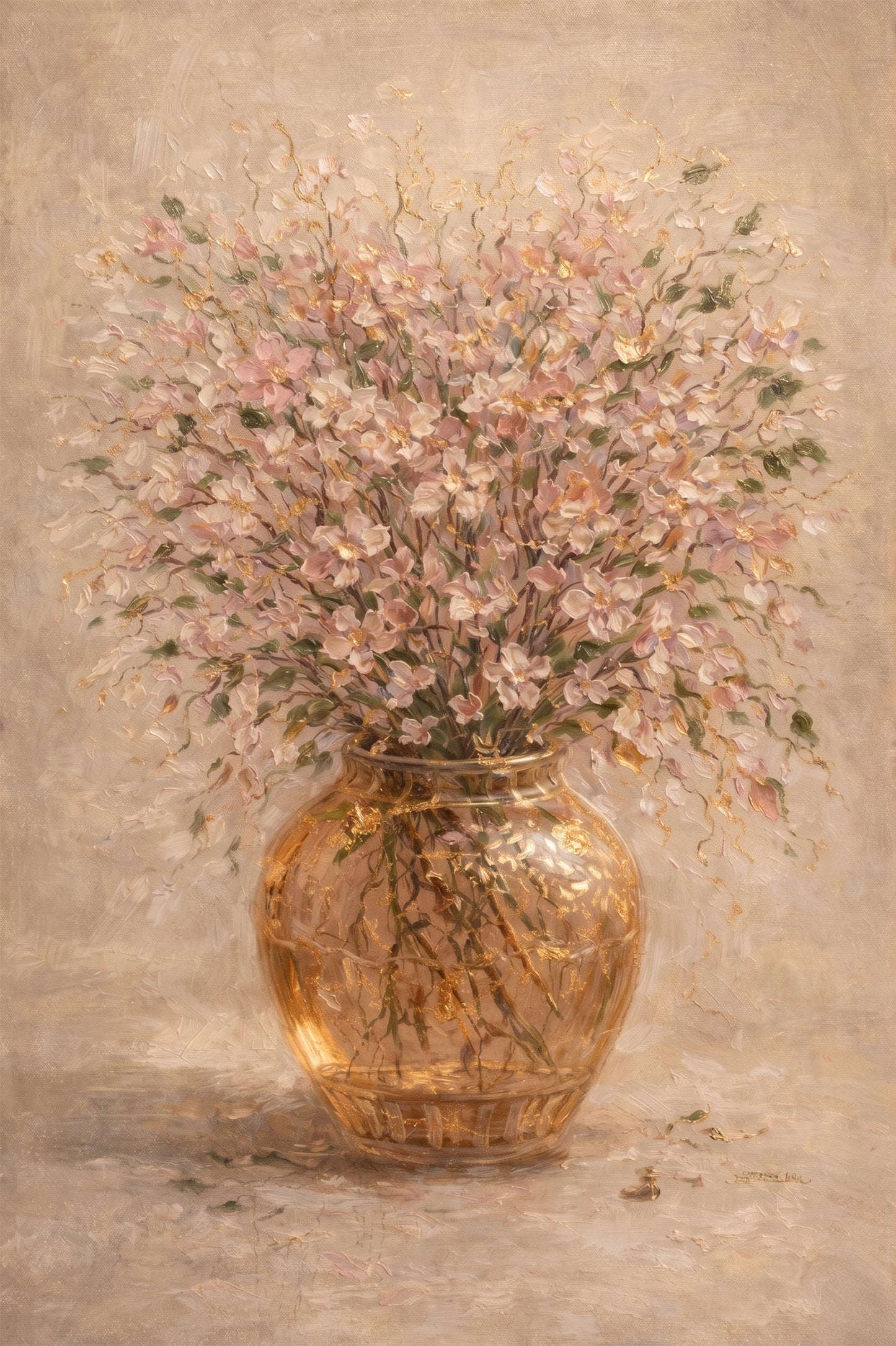 Blush Pink Floral Painting Gold Vase Textured Wall Art