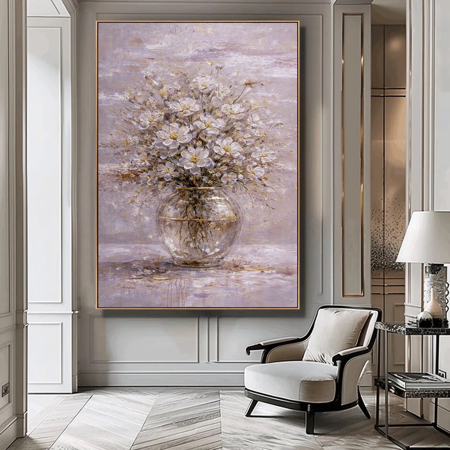Soft Blush Floral Painting Glass Vase Textured Wall Art