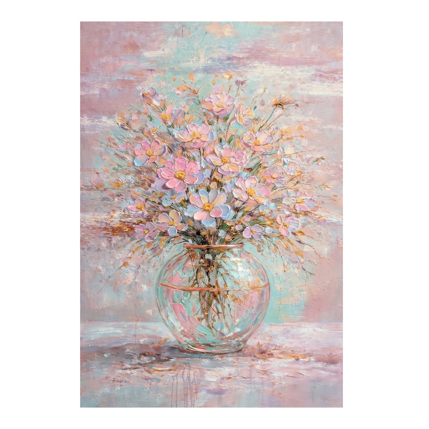 Pastel Floral Painting Pink Blue Glass Vase Wall Art