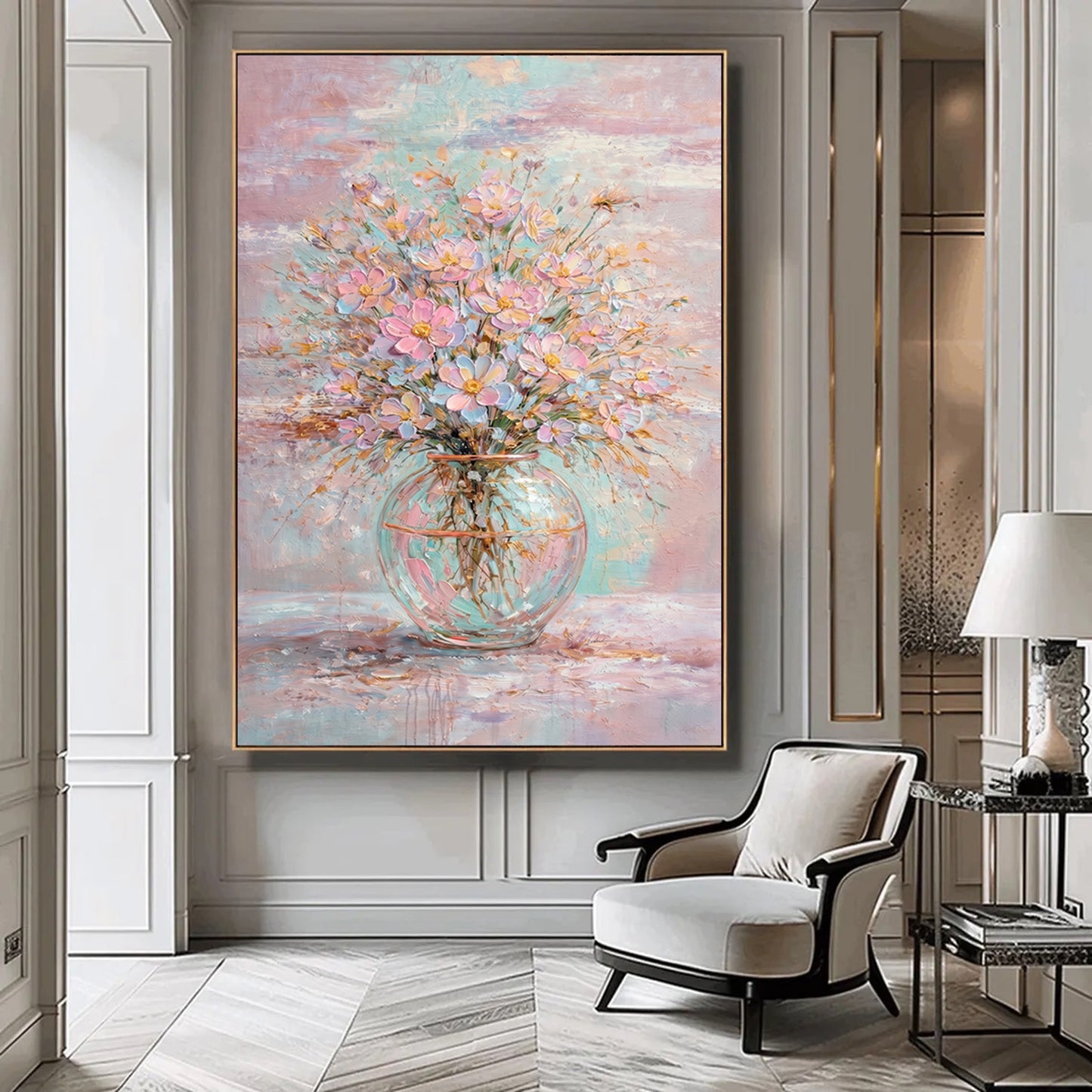 Pastel Floral Painting Pink Blue Glass Vase Wall Art