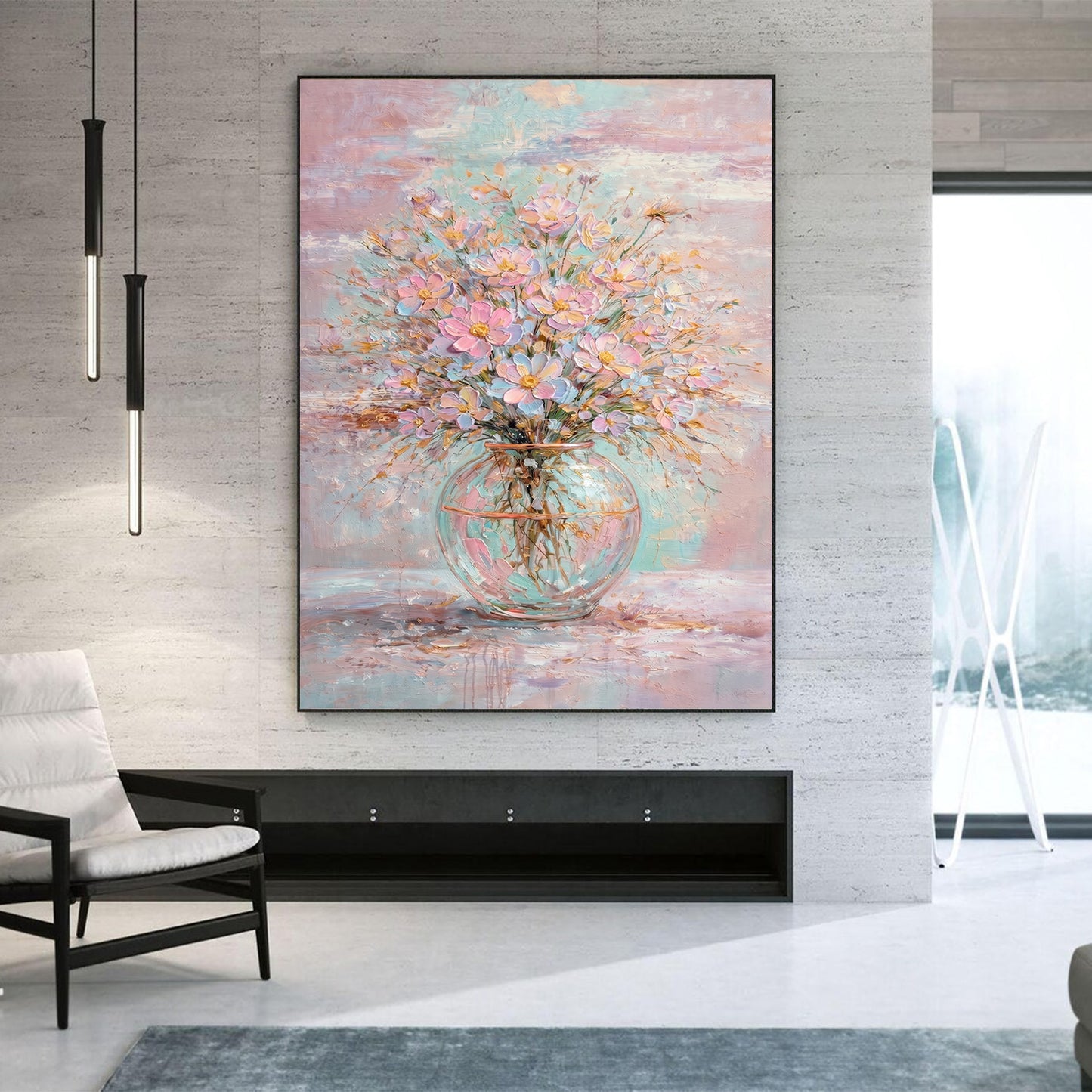Pastel Floral Painting Pink Blue Glass Vase Wall Art