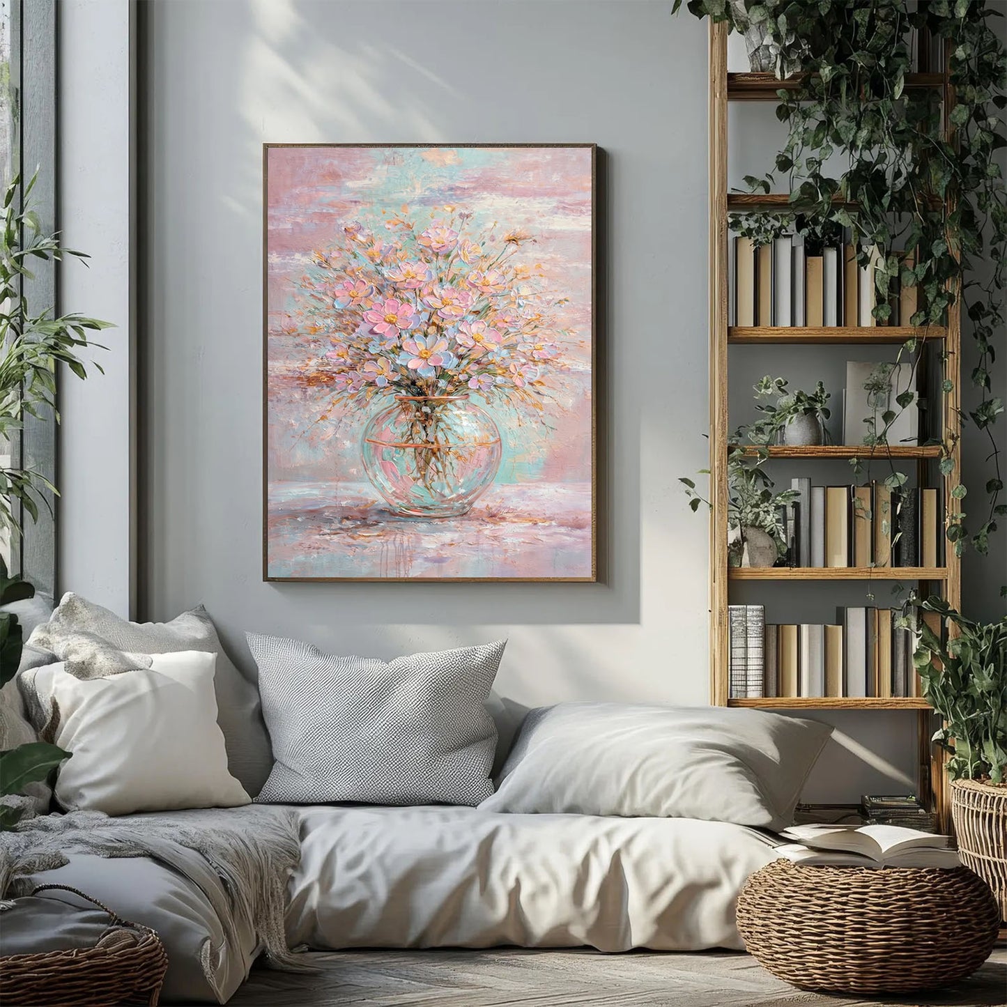 Pastel Floral Painting Pink Blue Glass Vase Wall Art