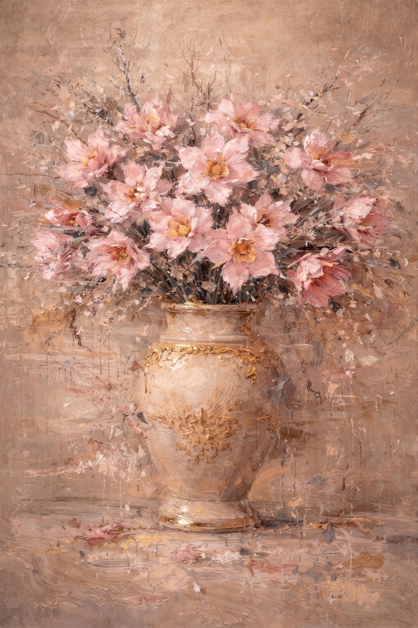 Blush Pink Peony Floral Painting Gold Vase Wall Art