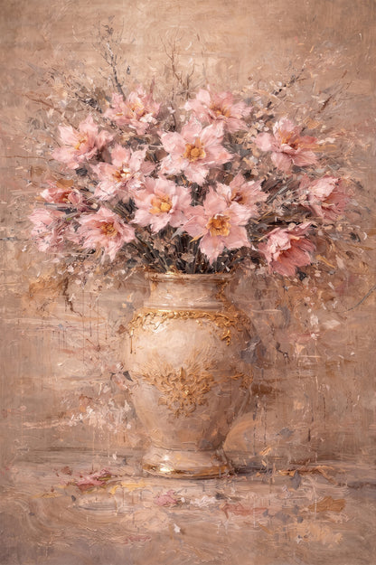 Blush Pink Peony Floral Painting Gold Vase Wall Art