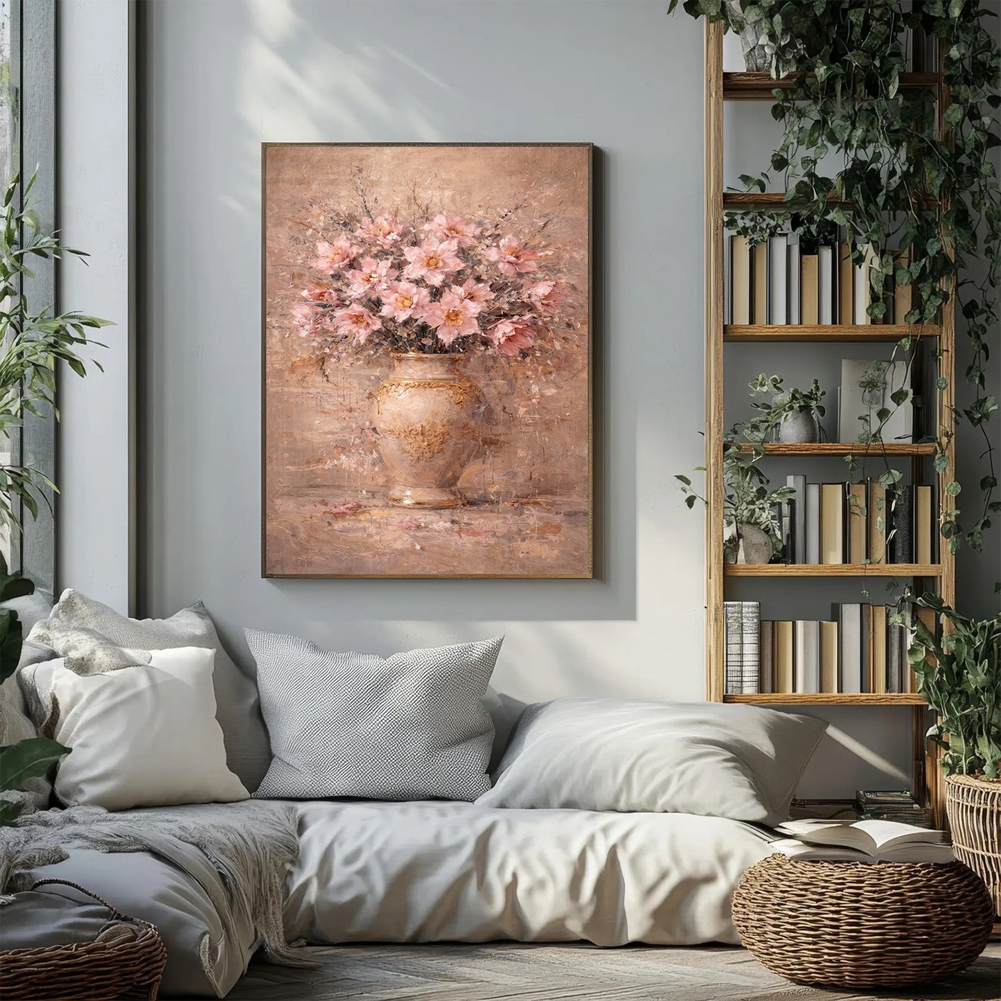 Blush Pink Peony Floral Painting Gold Vase Wall Art
