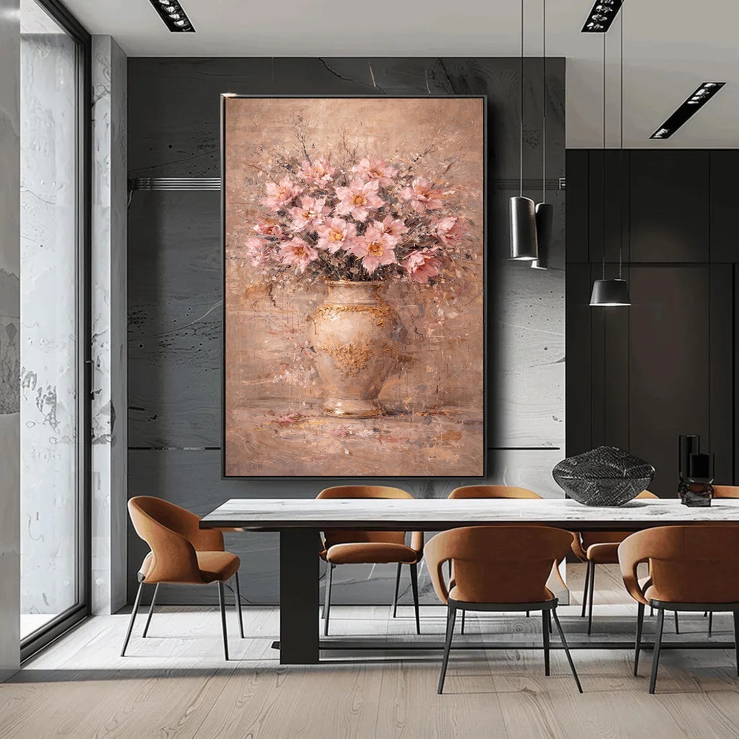 Blush Pink Peony Floral Painting Gold Vase Wall Art